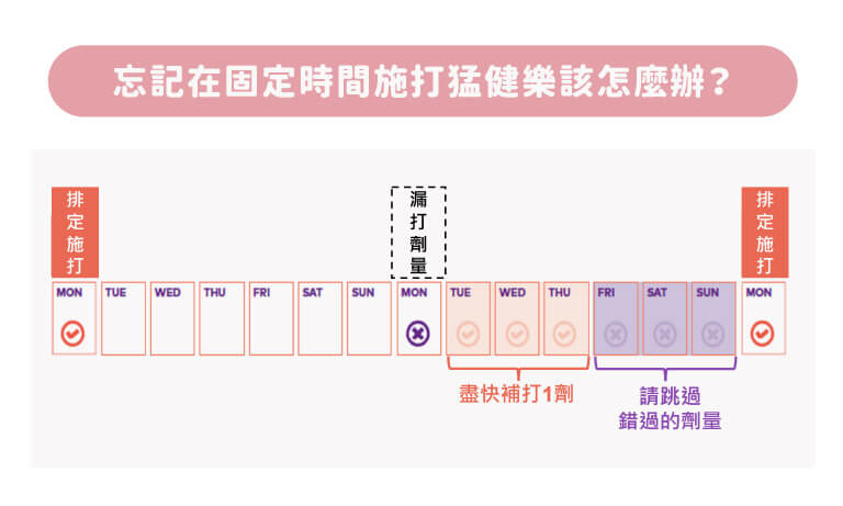 對於忘記在固定時間施打猛健樂的情況，提供漏打處理建議
